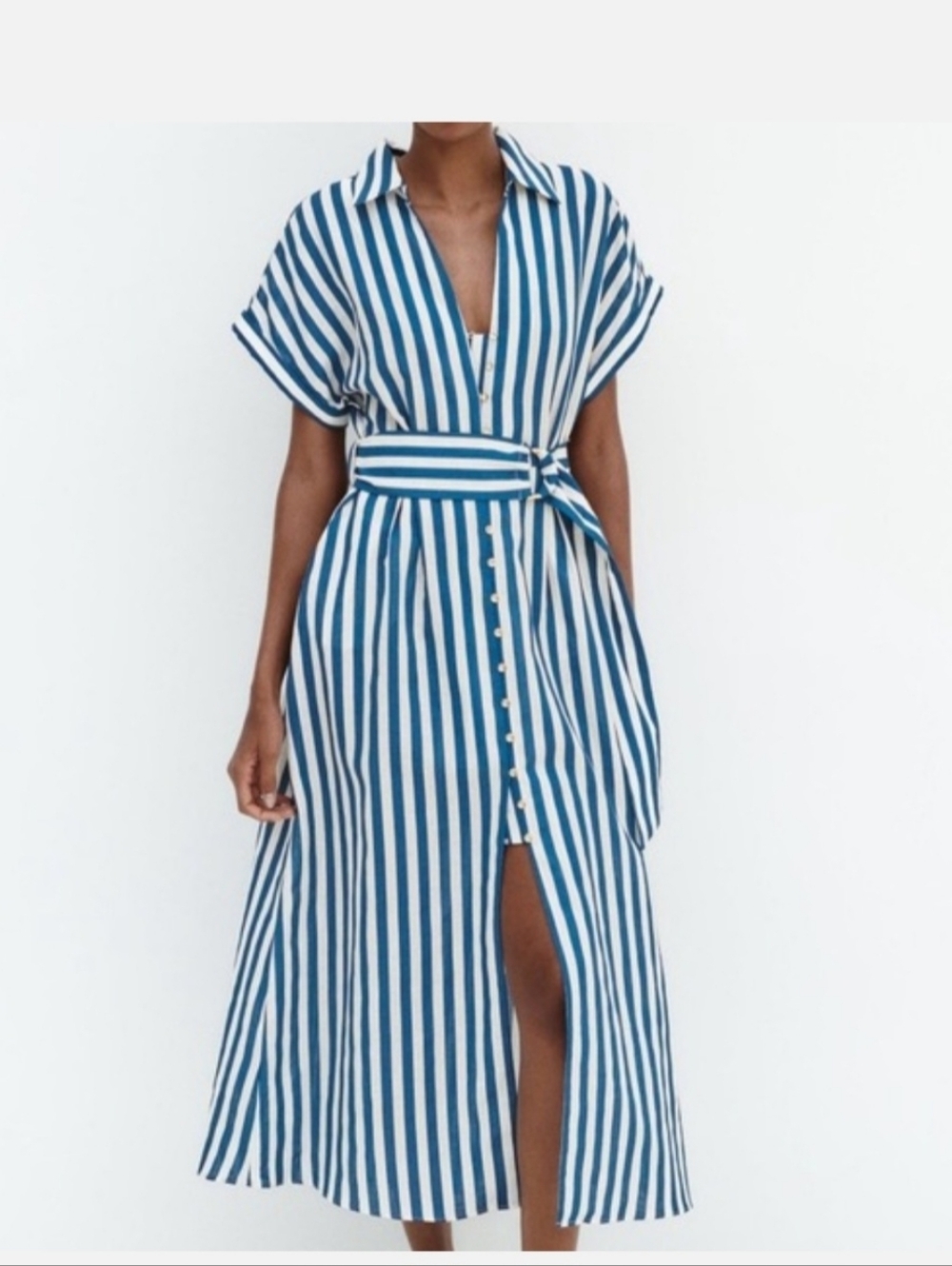 Zara Blue and White Striped Midi Shirt Dress with Belt